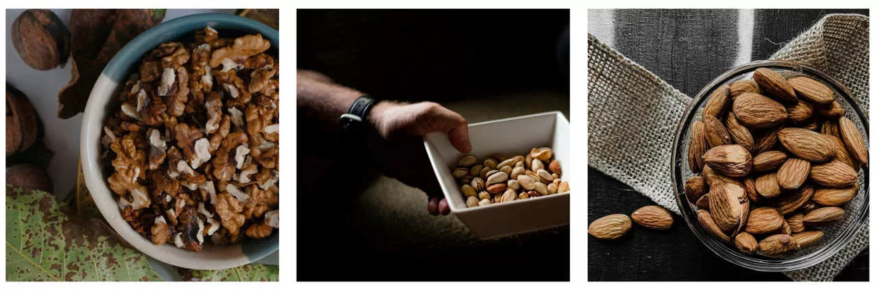 A collage image of food exports including walnuts, pistachios, and almonds