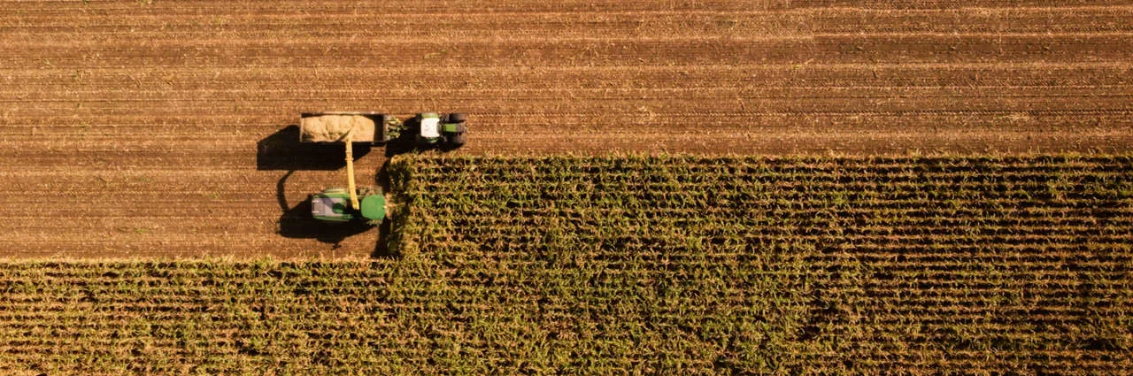 A top-down photo of a field being harvested